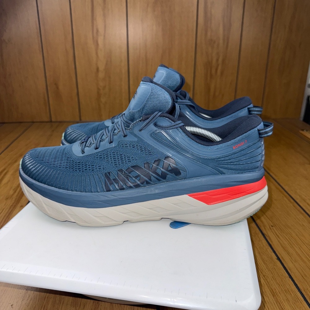 Hoka One One Bondi 7 Mens Running Shoes Blue Fog Ombre Red 1110518 RTOS Size 13 - Picture 2 of 16